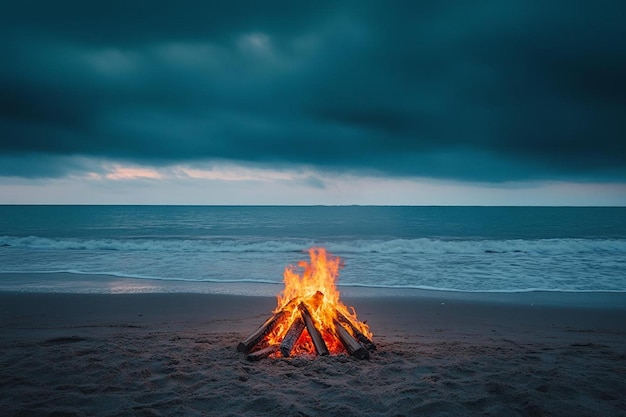 A fire is burning on a beach with the ocean in the background