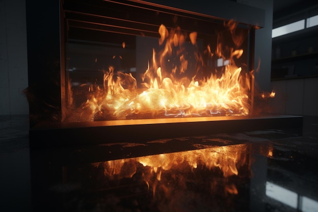 A fire is burning in a fireplace with a black table in the background.