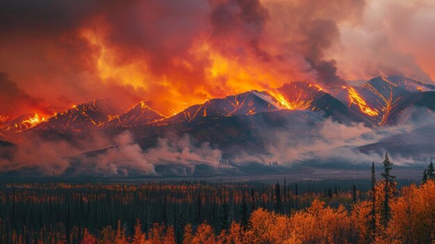 Photo a fire is burning in the mountains and the sky is orange