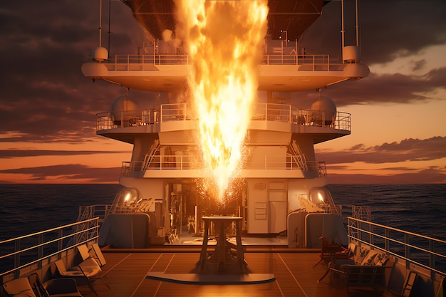 A fire is burning on a ship in the ocean.