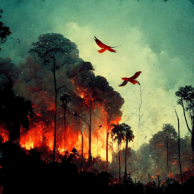 fire in jungle birds are flying animals are running on ground flams are everywhere