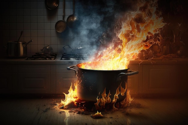 Fire In Kitchen Pot Burning While Cooking At Home