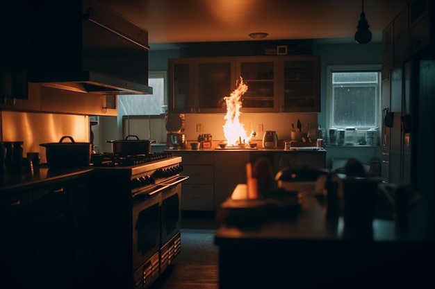 A fire in a kitchen with a pot on the stove