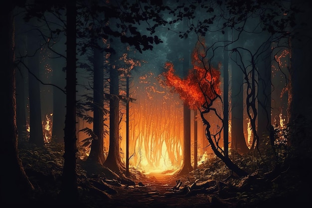 Fire in the night forest natural disaster Generative AI