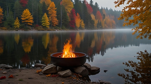 a fire pit by the lake with a forest in the background