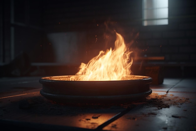 A fire pit in a dark room with a light shining on it.