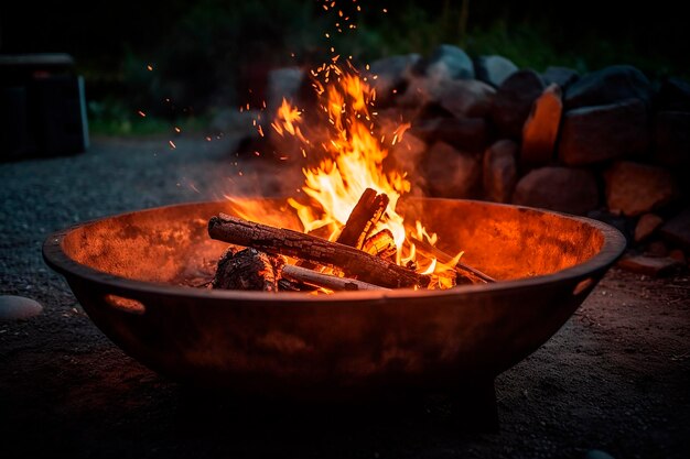 A fire pit in a dark setting with a fire in the foreground.