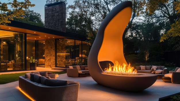 Photo a fire pit is surrounded by a fire pit and has a large outdoor fireplace