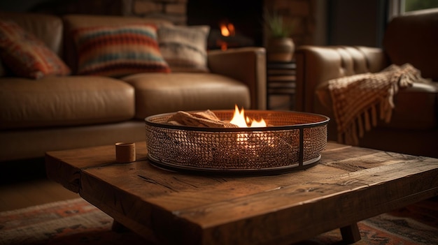 A fire pit in a living room with a couch and a fireplace