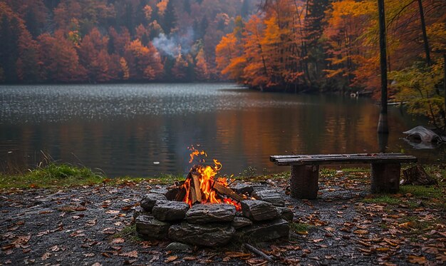 Photo a fire pit with a bench and a bench in front of a lake