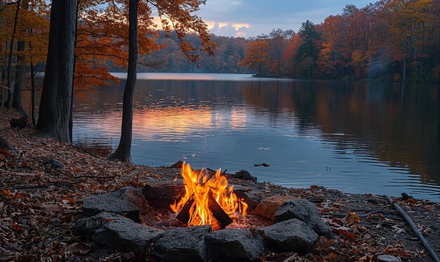 Photo a fire pit with a bench and a bench in front of a lake