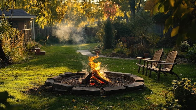 a fire pit with chairs and a chair in the background