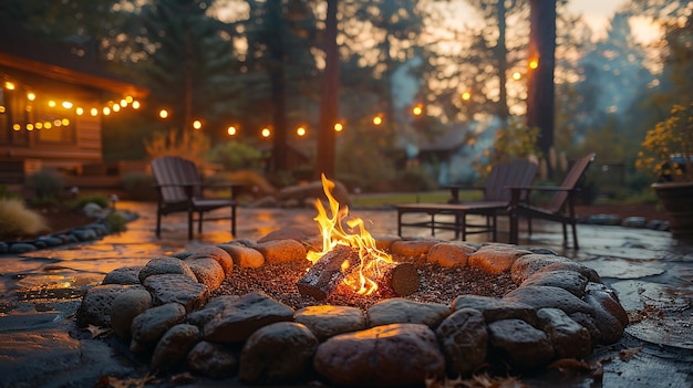 Photo a fire pit with chairs and a fire in the background