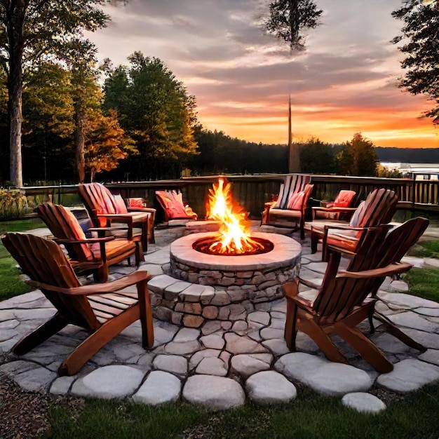 a fire pit with chairs and a fire in the background