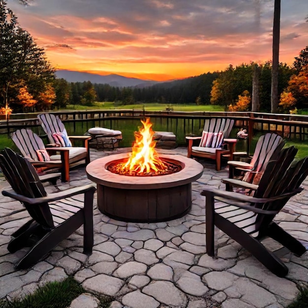 a fire pit with chairs and a fire in the background