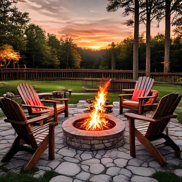 a fire pit with chairs and a fire in the foreground