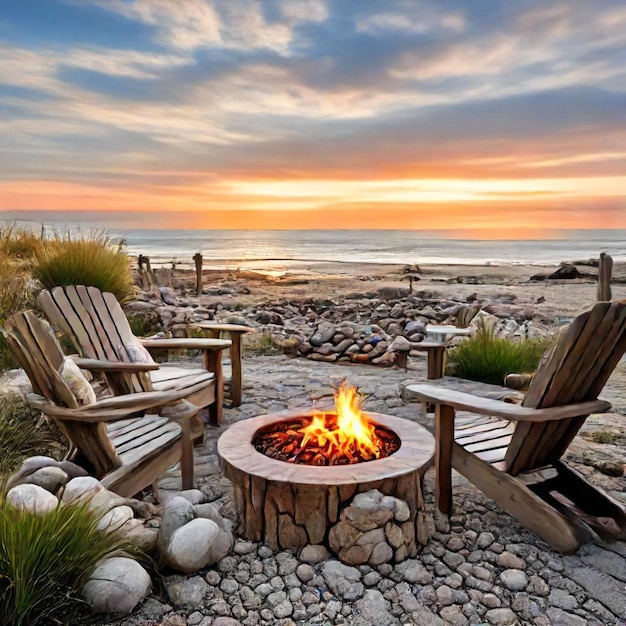 a fire pit with chairs and a fire pit in the background