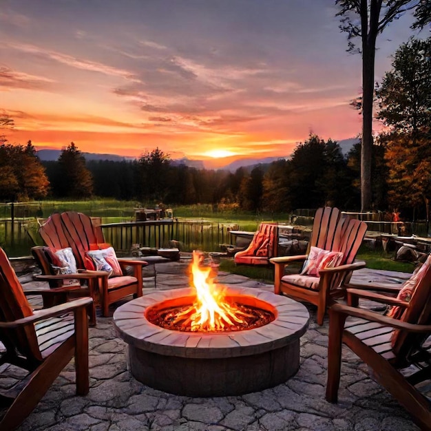 a fire pit with chairs and a fire pit in the background