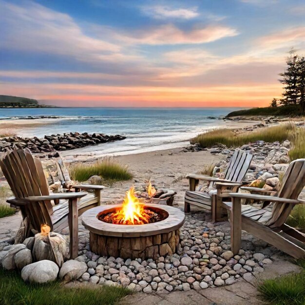 a fire pit with chairs and a fire pit on the beach