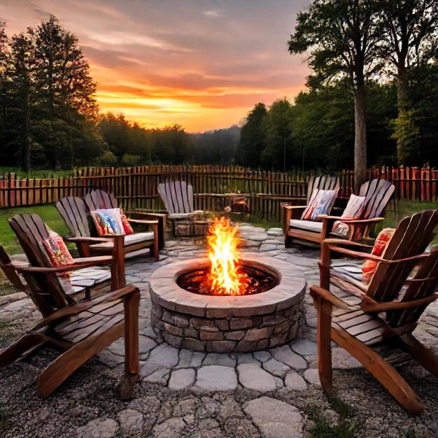 a fire pit with chairs and a fire place with a sunset in the background