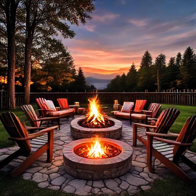 a fire pit with chairs and a fire place with a sunset in the background