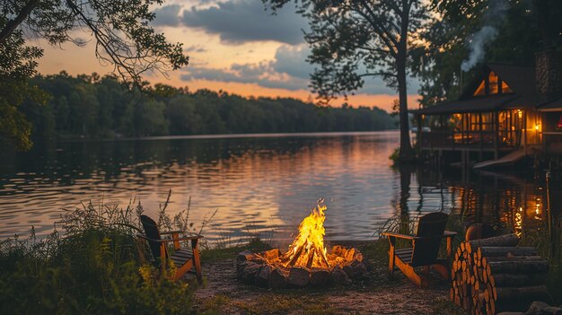 Photo a fire pit with a fire and a chair on the side of it