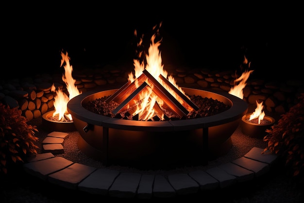 A fire pit with a fire in the middle and the word fire on the bottom.