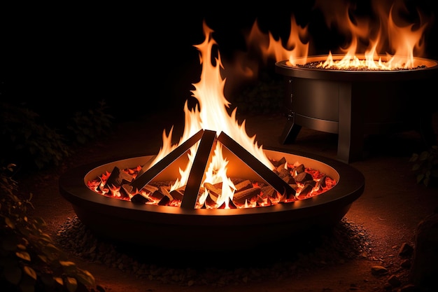 A fire pit with a fire pit in the background