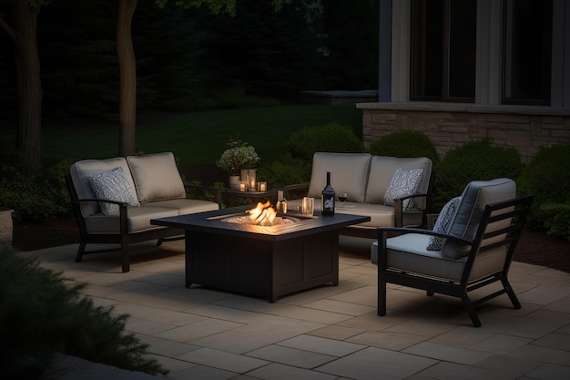 A fire pit with a fire pit and a bottle of wine on the table.