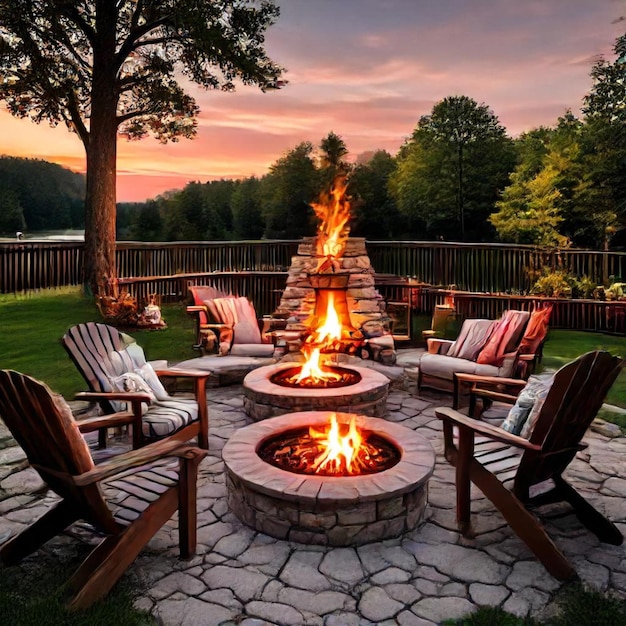 a fire pit with a fire place and chairs around it