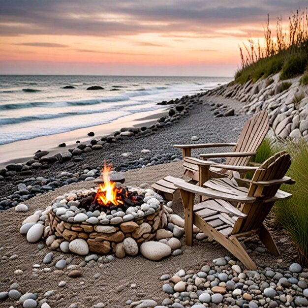 a fire pit with a fire place and chairs on the beach