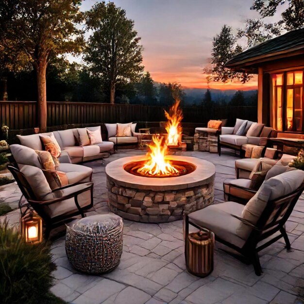 a fire pit with a fire place and chairs and a fire place with a fire pit in the background