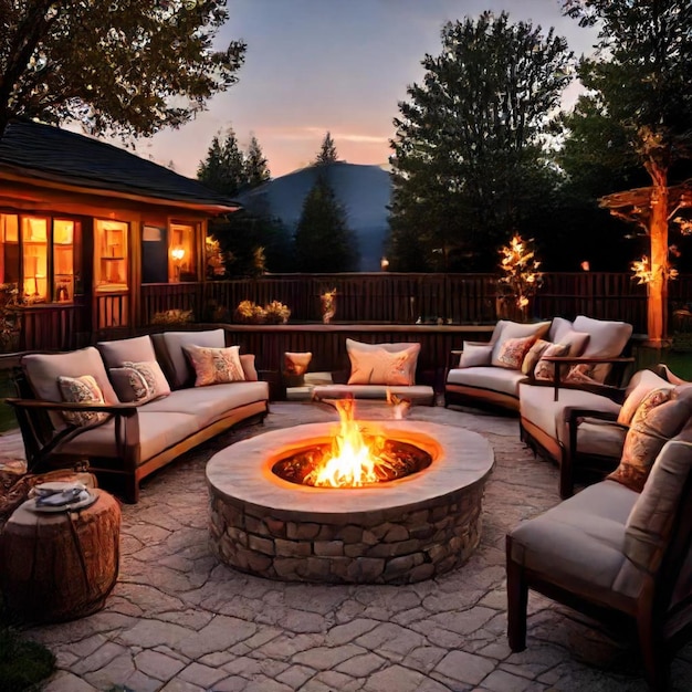 a fire pit with a fire place and a fire pit in the background