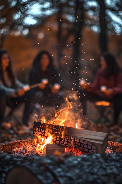 Photo a fire pit with a fire and some girls sitting around it