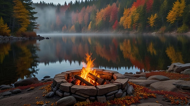 a fire pit with a forest in the background and a fire pit in the foreground