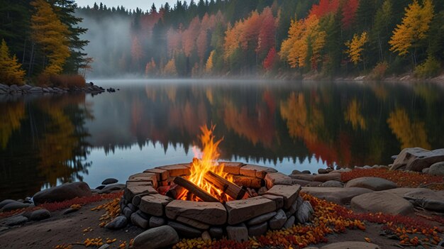 Photo a fire pit with a forest in the background