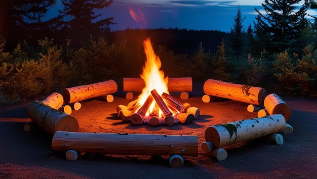 a fire pit with logs in the background