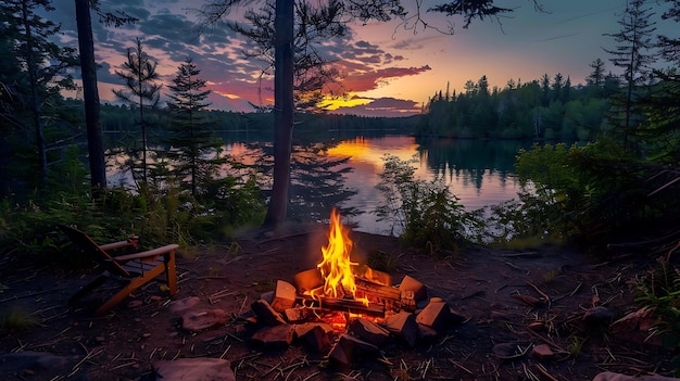 a fire pit with a mountain in the background and a tree in the foreground