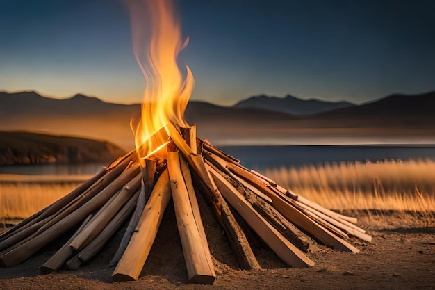 a fire pit with mountains in the background