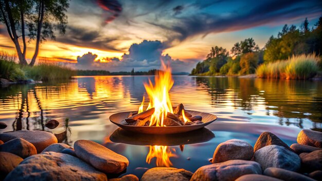 Photo a fire pit with rocks and a fire in the background