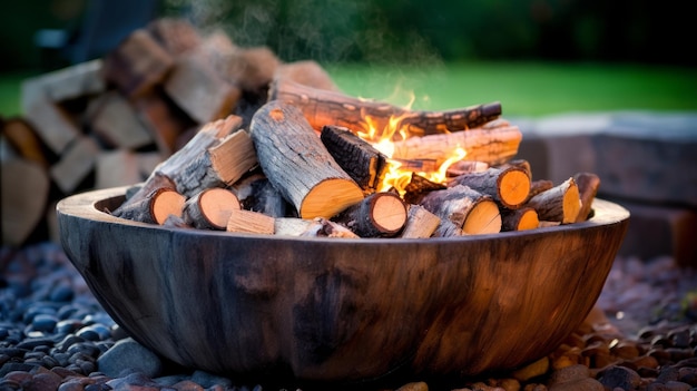 A fire pit with stacked firewood representing cozy outdoor gatherings AI generated