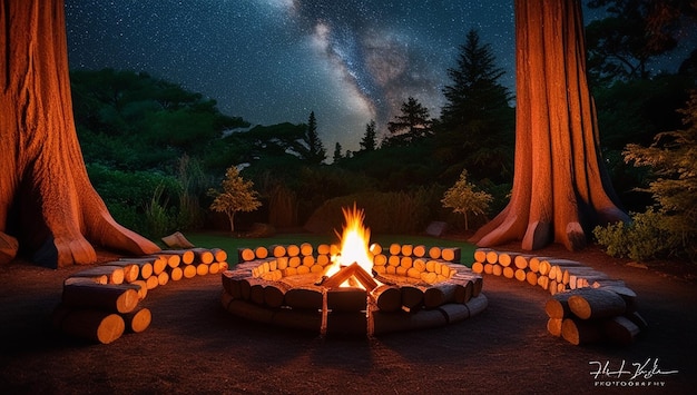 a fire pit with a star - filled sky and stars in the background