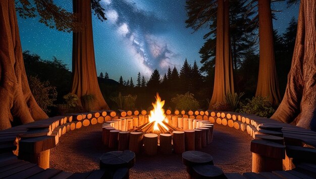 a fire pit with a star filled sky and a tree with the stars in the background