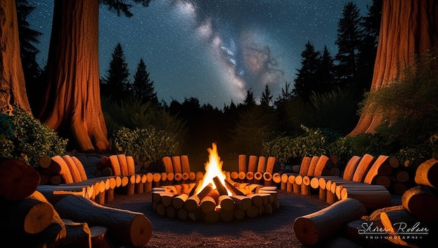 Photo a fire pit with a starry sky and a fire place with a fire in the background