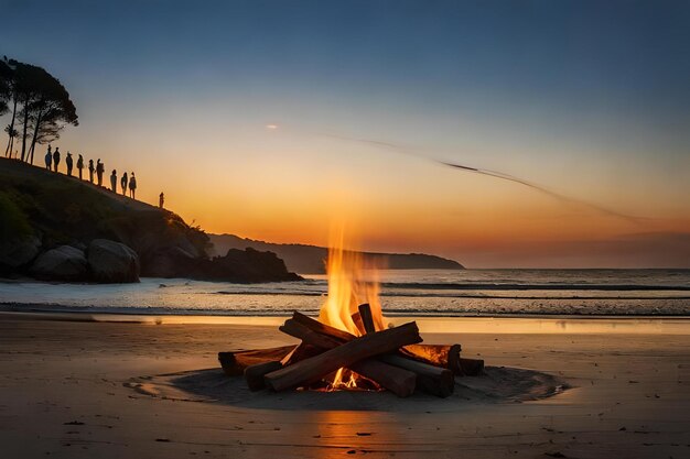 A fire pit with a sunset in the background