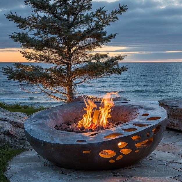 Photo a fire pit with a tree in the background and a tree in the middle