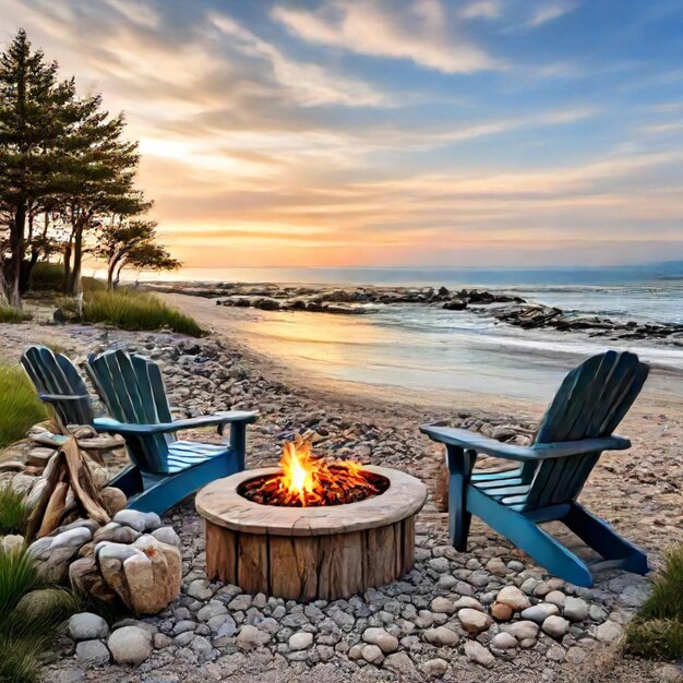 a fire pit with two chairs and a fire pit in the background