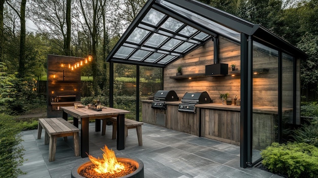 Photo a fire pit with a wooden deck and a fire pit in the background