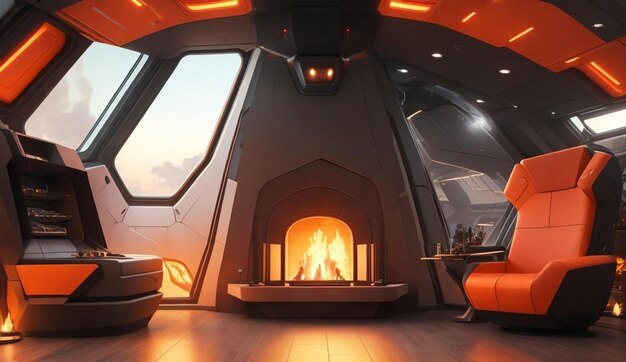 Photo fire place in scifi spaceship interior