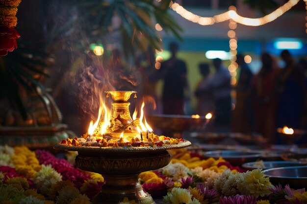 Photo a fire place with a flower in the center and people in the background